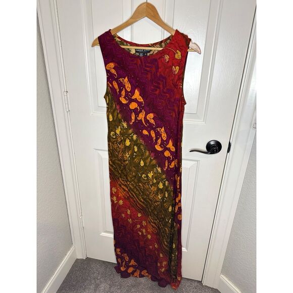 VTG Carole Little Colorblock Leaf Print Maxi Sleeveless Dress Sz 14 Fall Autumn - Picture 1 of 5